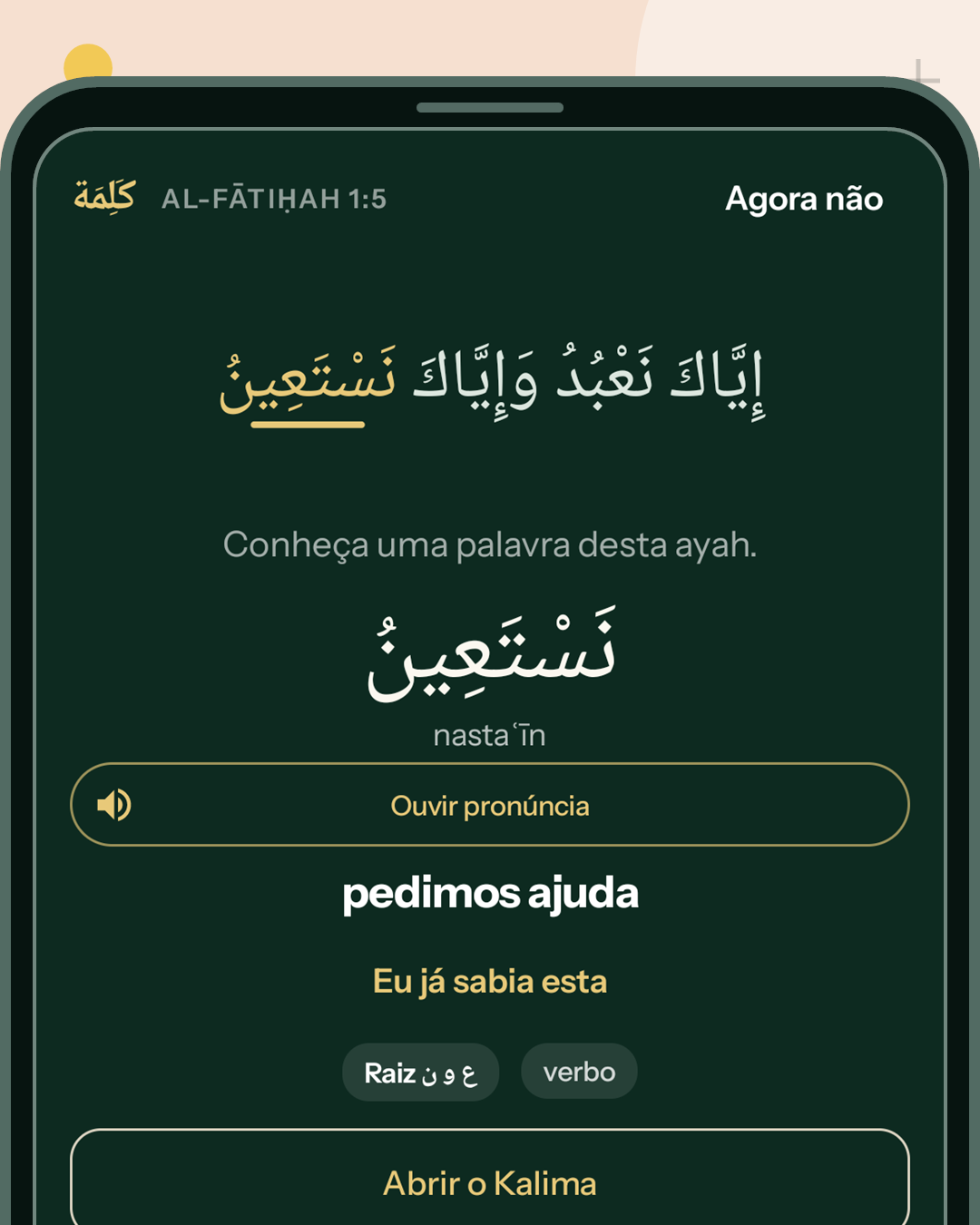 Palavra do Alcorão exibida na tela bloqueada dentro de um telefone Android simulado